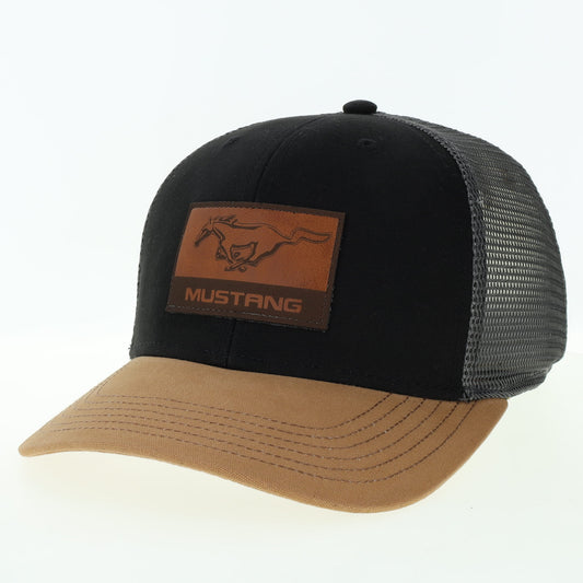 Mustang Mid-Pro Trucker Hat - Black & Caramel w/Brown Leather Patch