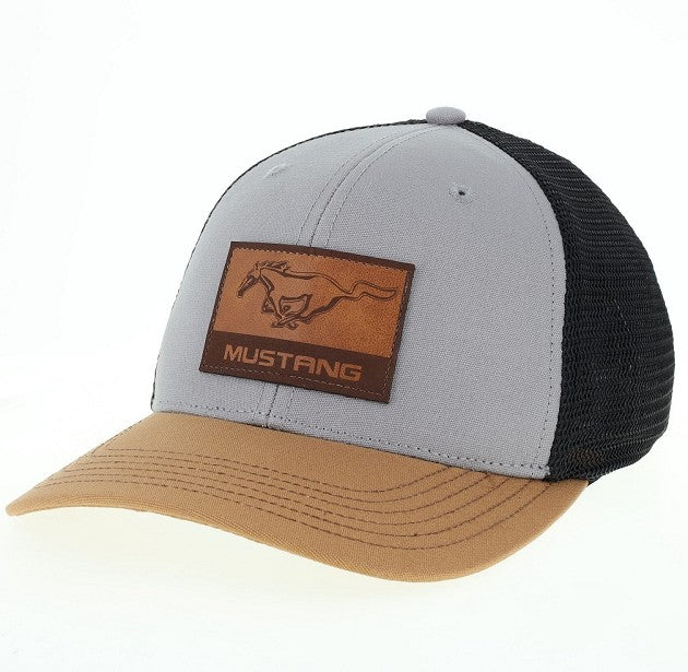 Mustang Mid-Pro Trucker Hat - Grey & Caramel w/Brown Leather Patch